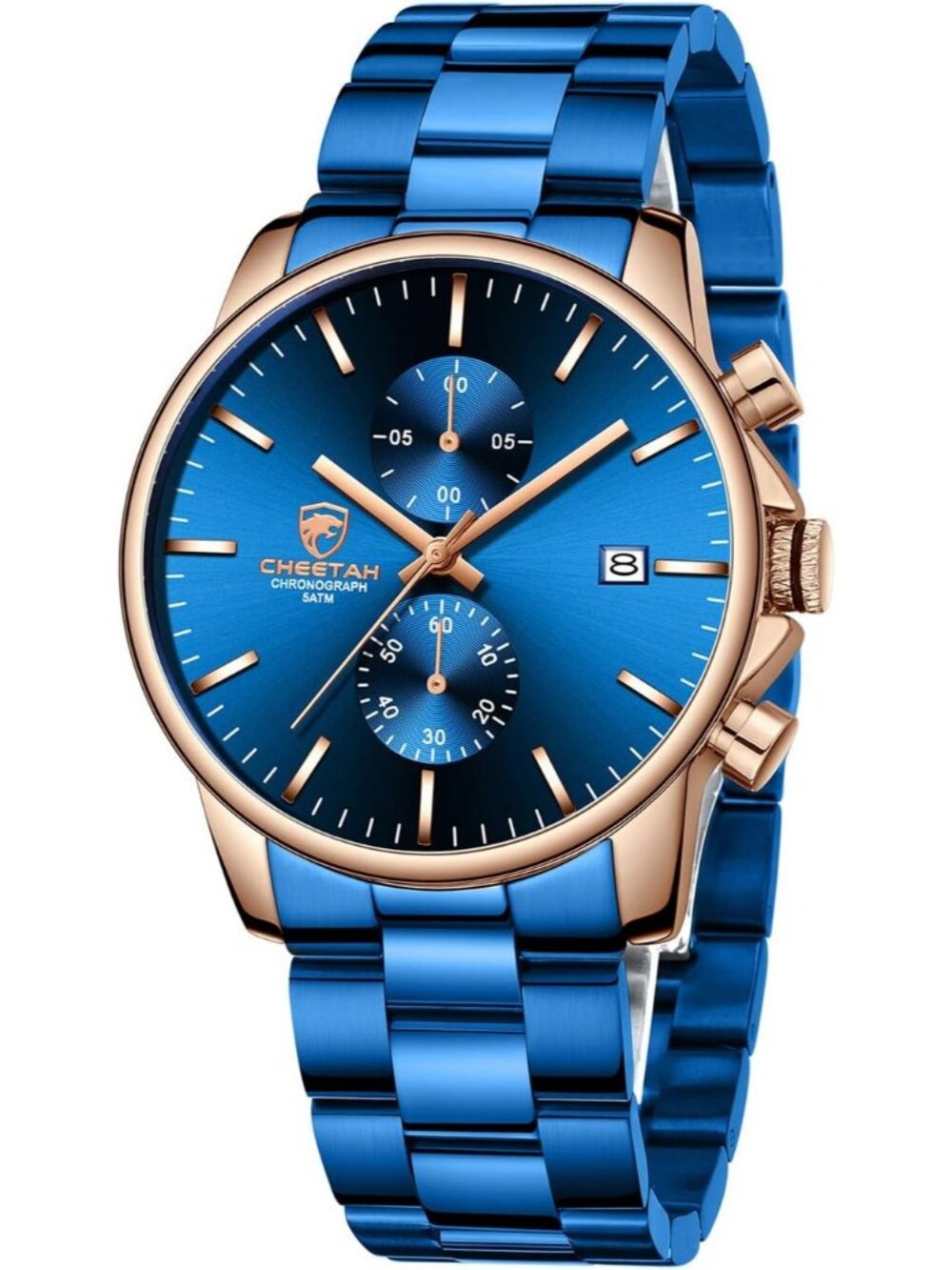 Men's Rose Gold Blue Classic Stainless Steel Waterproof Chronograph Quartz Watch